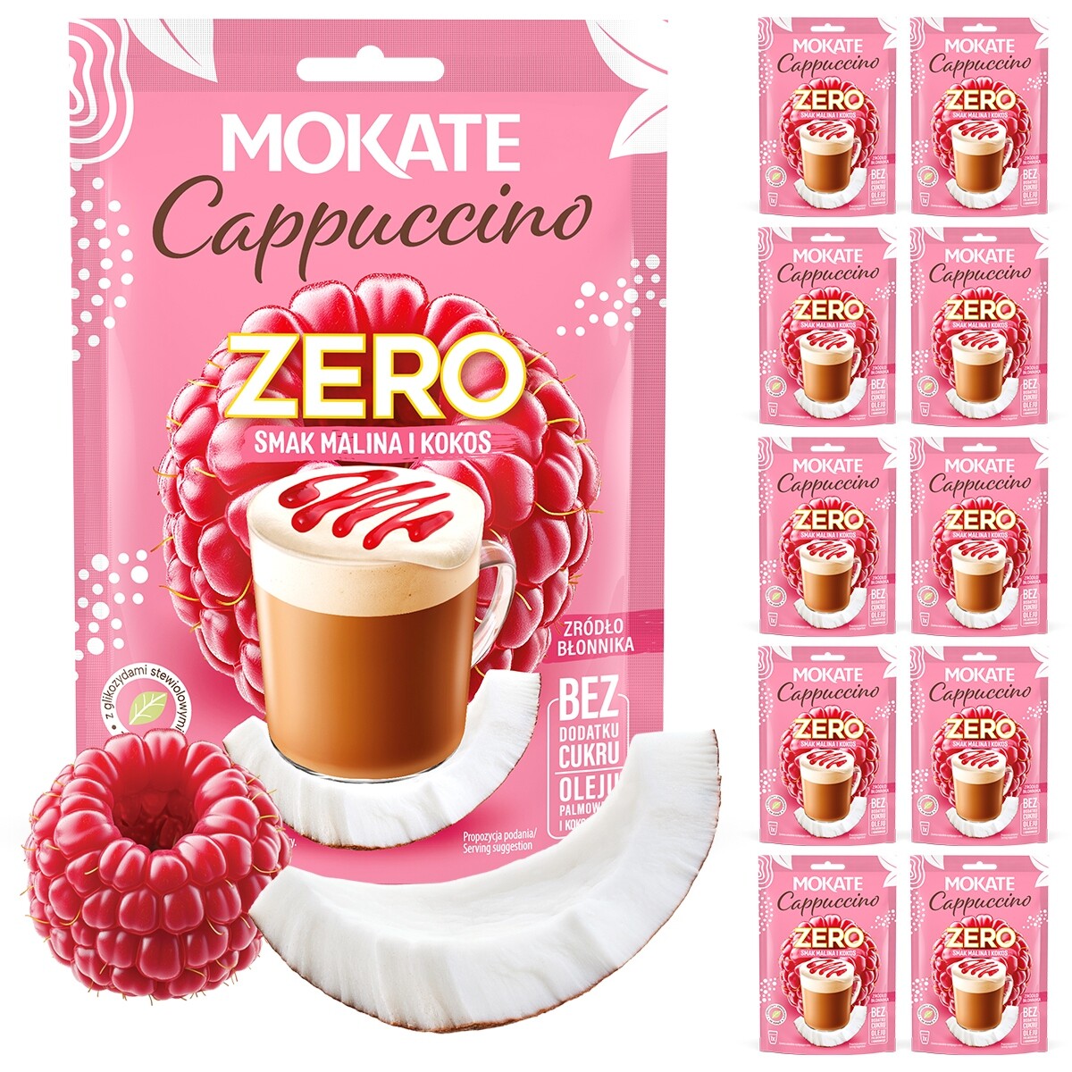 Velkoobchodní sada Mokate Cappuccino Malina a Kokos bez přidaného cukru 10 x 20 g