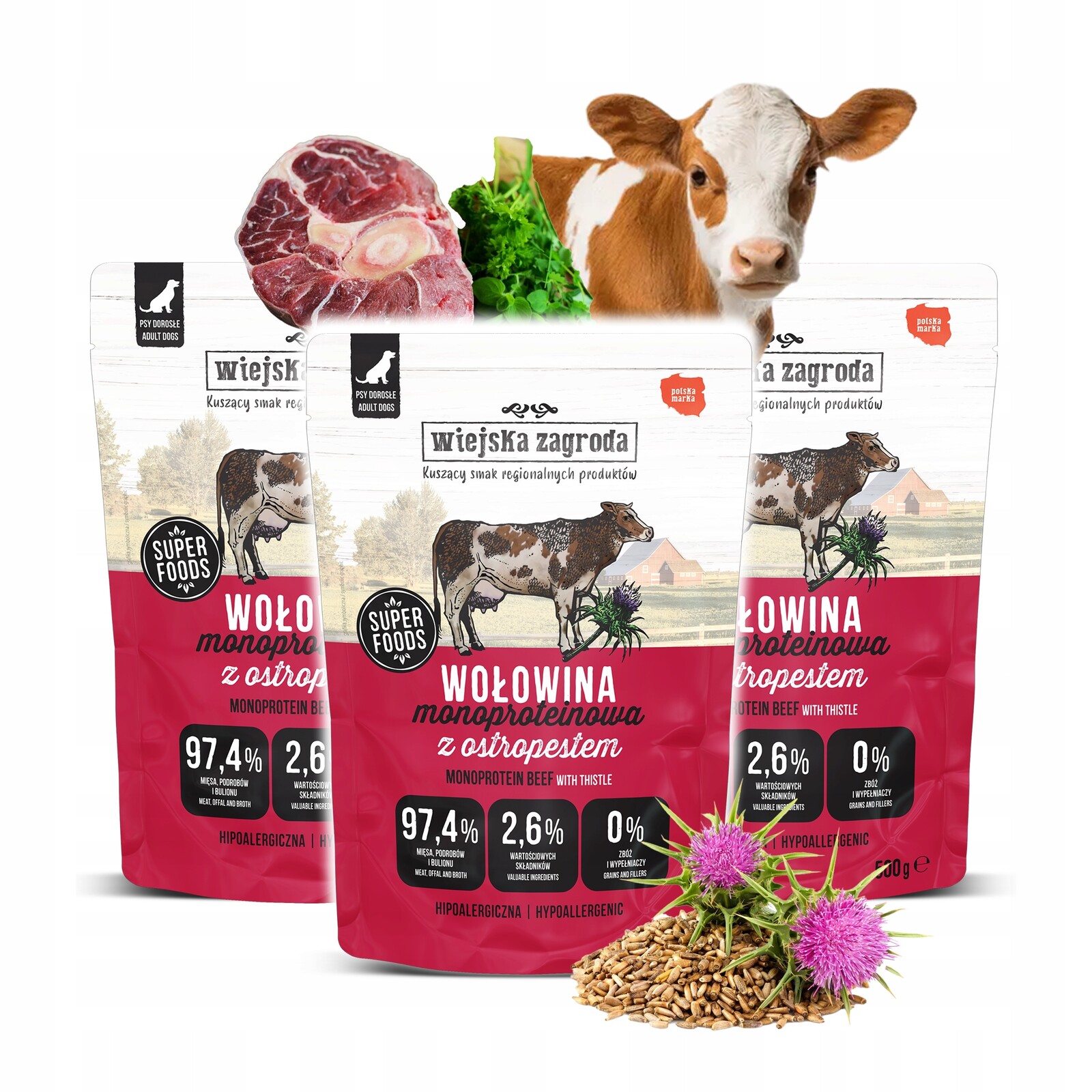 Wiejska Zagroda Monoproteinové hovězí maso krmivo pro psa sáček 3x500 g