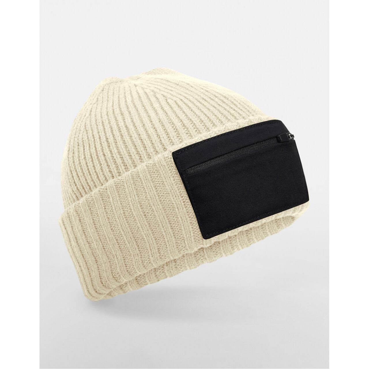 Čepice zimní s kapsičkou Beechfield Zip Patch - béžová