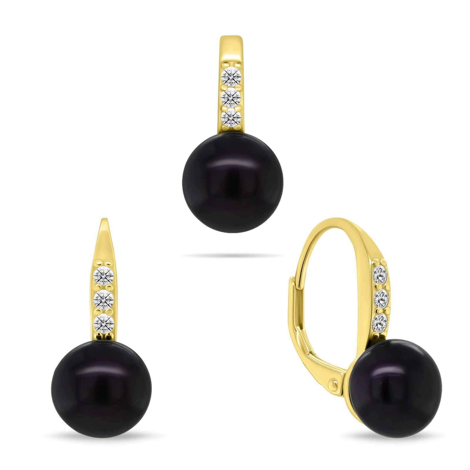 Brilio Silver Půvabný pozlacený set šperků s tmavými perlami SET291YBC (náušnice, přívěsek)