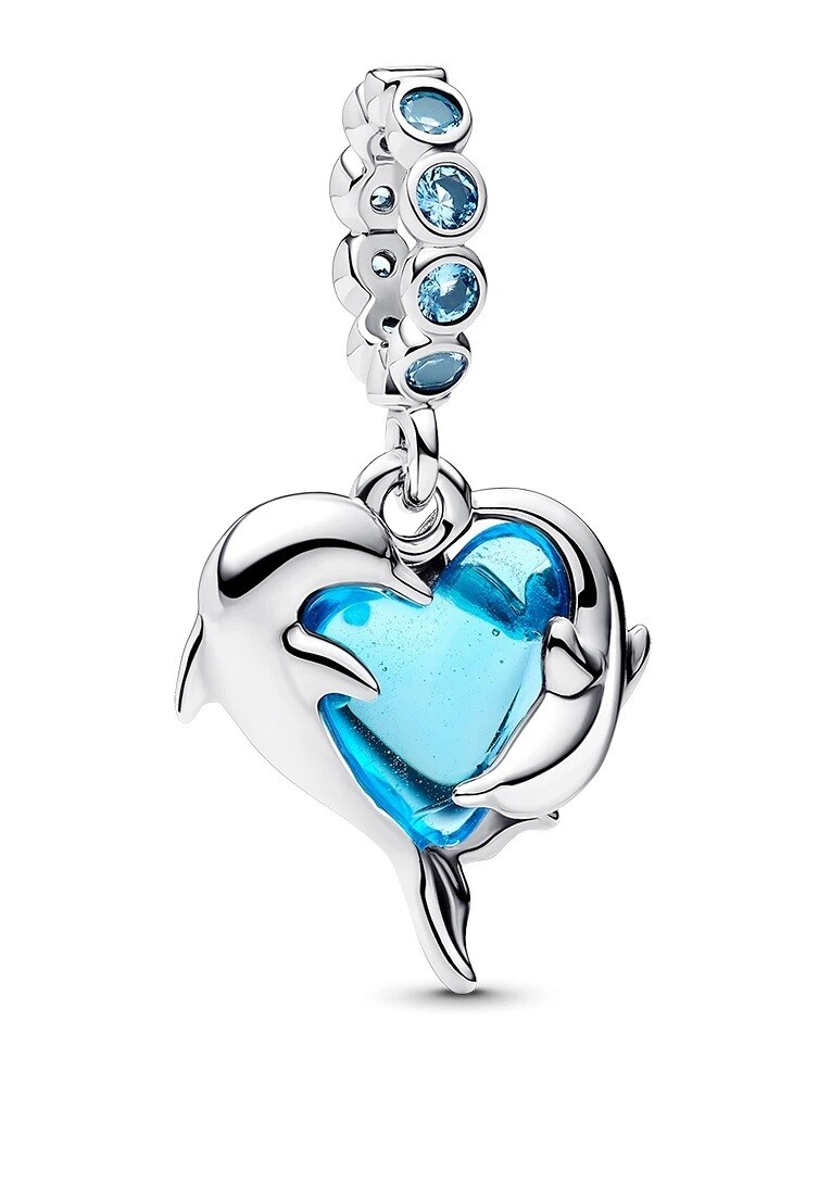 Pandora Stříbrný přívěsek Delfíni s modrým sklem Murano 793924C01