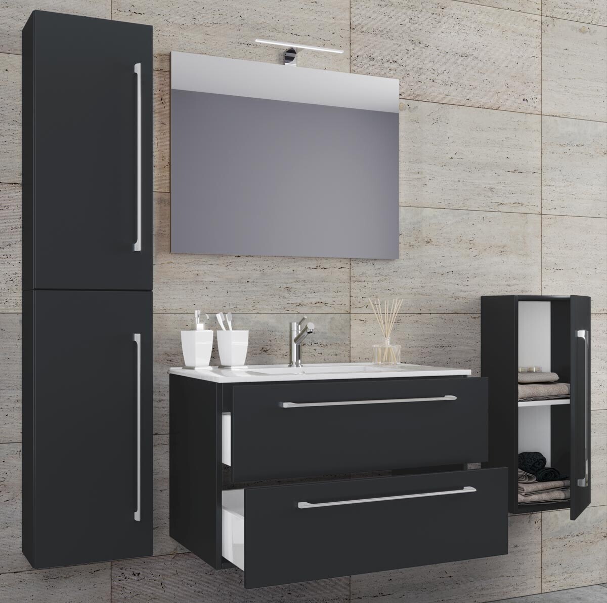 VCM 5dílná umyvadlová skříňka Badinos 2 zásuvky 80 cm se zrcadlem a střední/vysokou skříňkou, černá