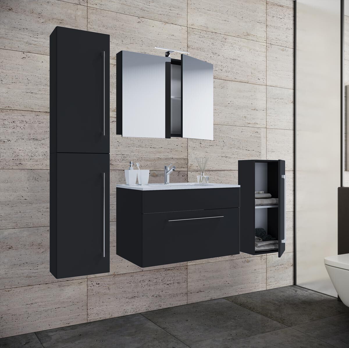 VCM 5dílná stojící umyvadlová skříňka Badinos 1 zásuvka 80 cm se zrcadlem, střední a vysokou skříňkou, černá
