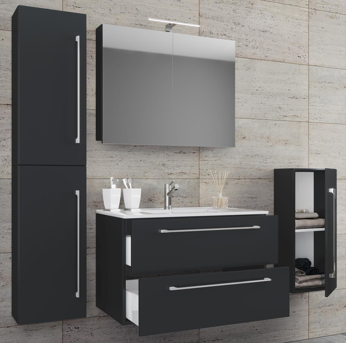 VCM 5dílná umyvadlová skříňka Badinos 2 zásuvky 60 cm se zrcadlem a střední/vysokou skříňkou, černá