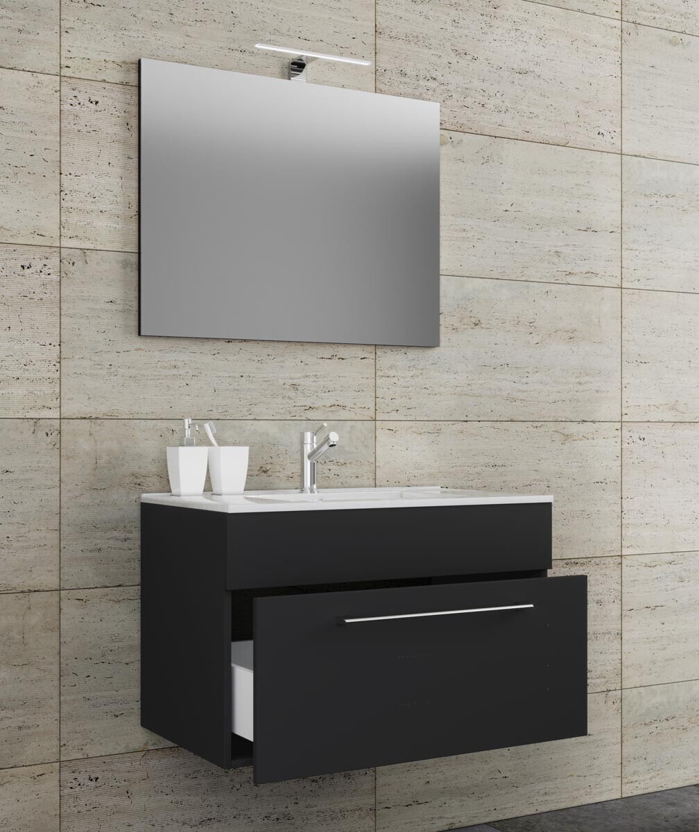 VCM 3dílná umyvadlová skříňka Badinos 1 zásuvka 60 cm se zrcadlem, černá