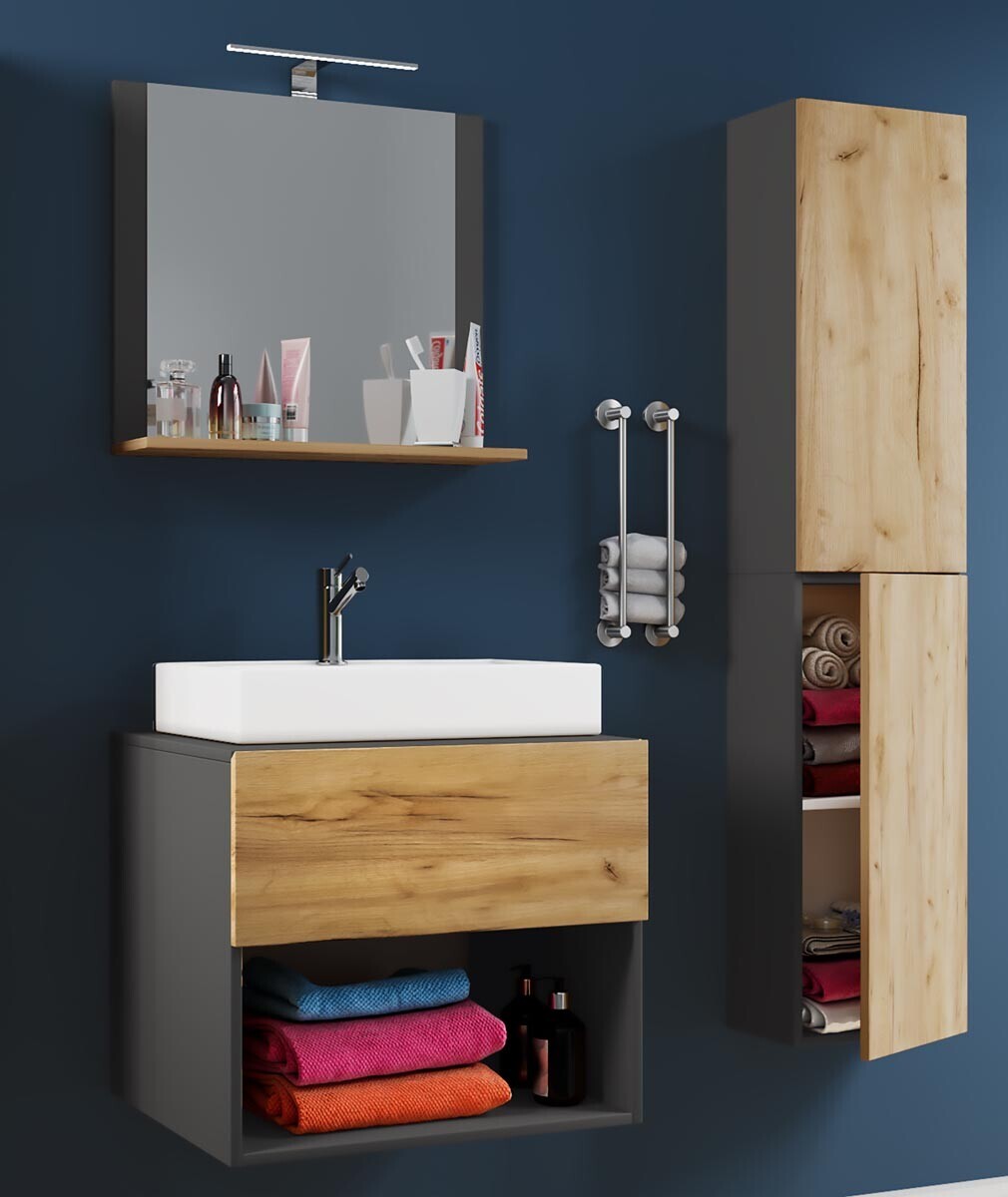 4dílná umyvadlová skříňka Lendas II 60 cm včetně zrcadla a vysoké skříňky, antracitová