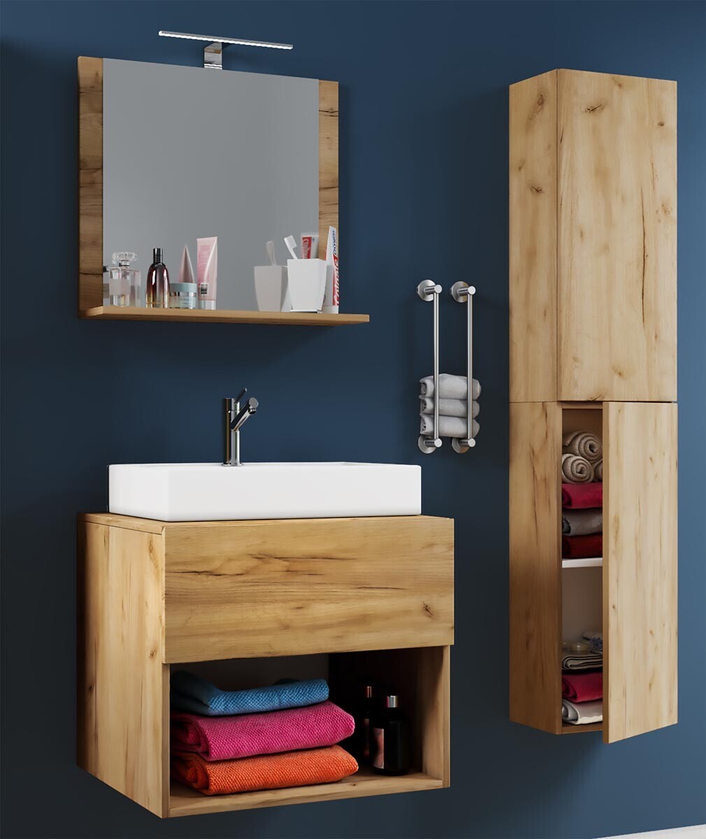 4dílná umyvadlová skříňka Lendas II 60 cm včetně zrcadla a vysoké skříňky, dub medový