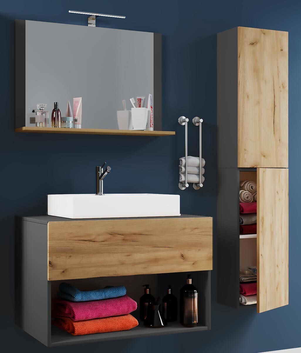 4dílná umyvadlová skříňka Lendas II 80 cm včetně zrcadla a vysoké skříňky, antracitová