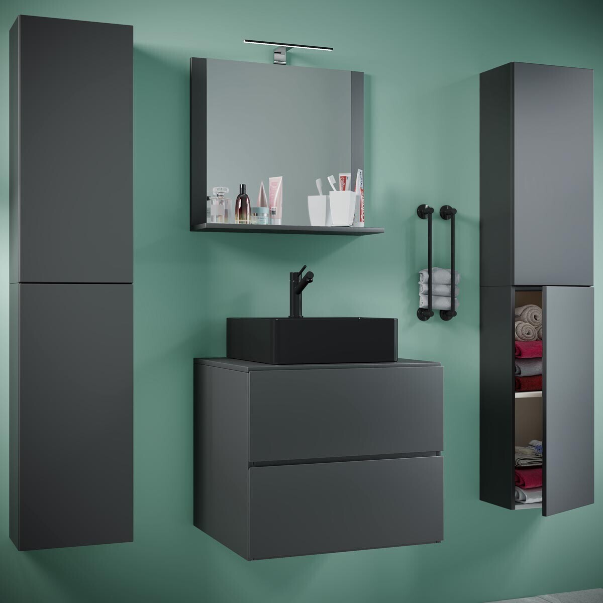 5dílná umyvadlová skříňka Lendas BL XL 60 cm se zrcadlem a 2 vysokými skříňkami, antracitová