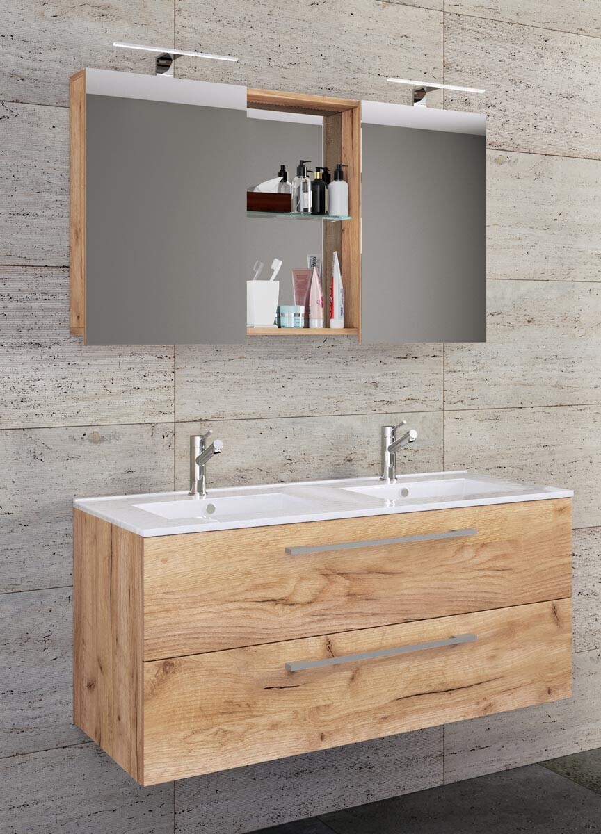 3dílná umyvadlová skříňka Budasi se zrcadlem, dub medový