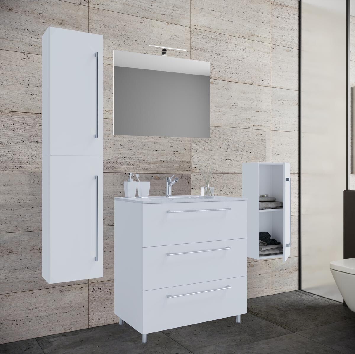 5dílná umyvadlová skříňka Badinos 3 zásuvky 80 cm se zrcadlem, střední a vysokou skříňkou, bílá