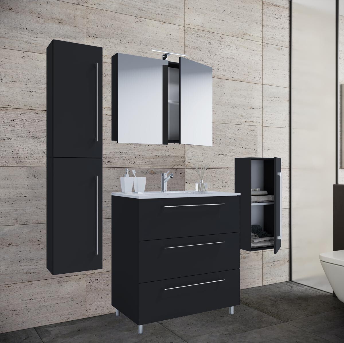 5dílná stojící umyvadlová skříňka Badinos 3 zásuvky 60 cm se zrcadlem, střední a vysokou skříňkou, černá