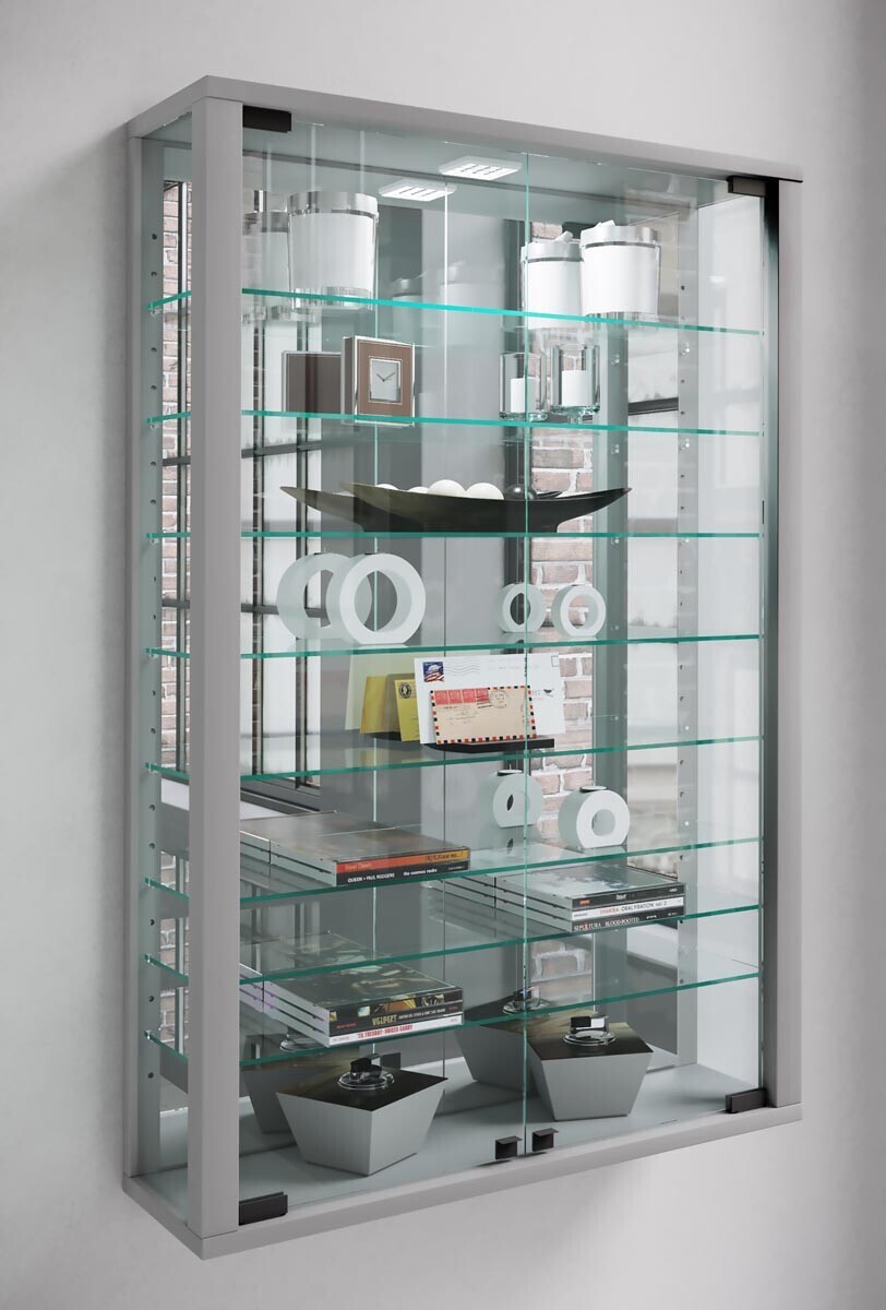 Nástěnná vitrína Vitrosa Mini se zrcadlem včetně LED osvětlení, stříbrná