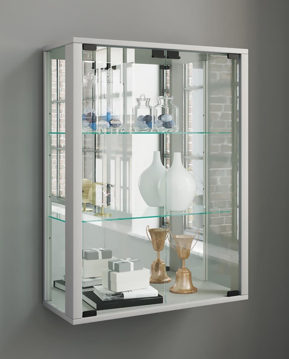 Nástěnná vitrína Udina se zrcadlem, stříbrná