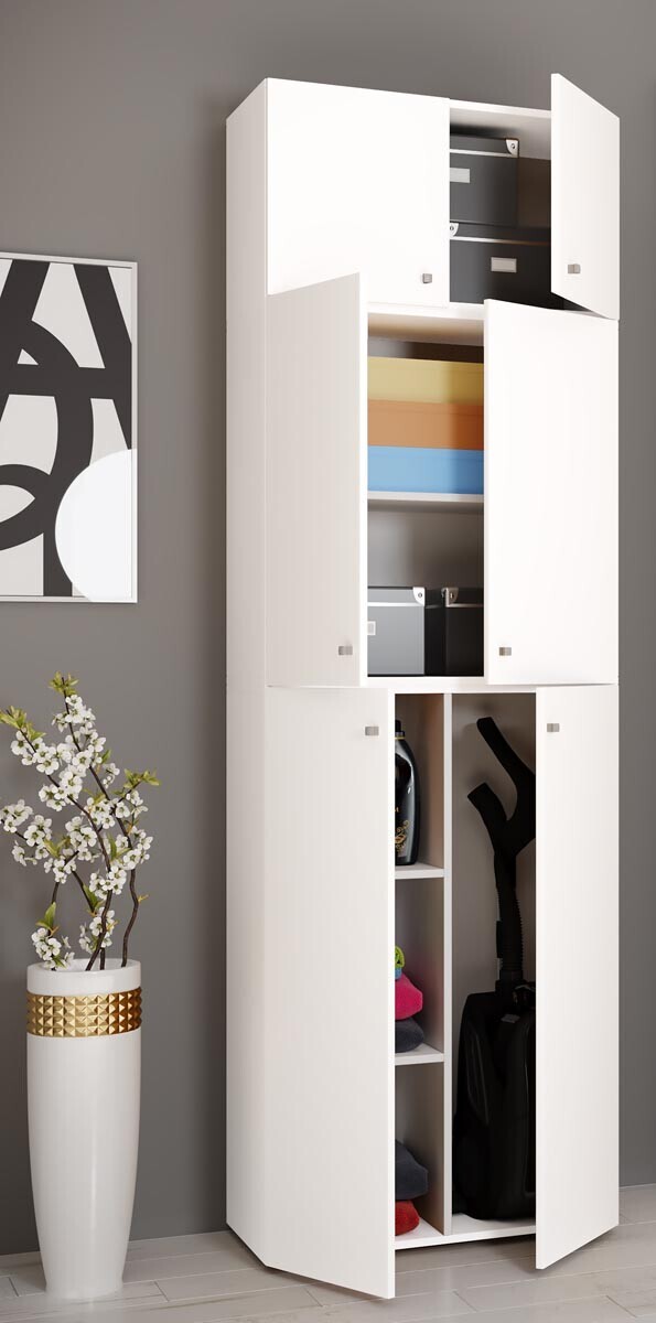 Úklidová skříňka Lona XXL s otočnými dveřmi s nástavcem, bílá