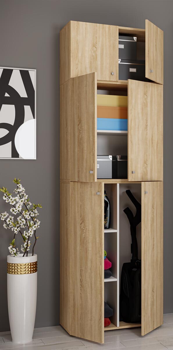 Úklidová skříňka Lona XXL s otočnými dveřmi s nástavcem, dub sonoma