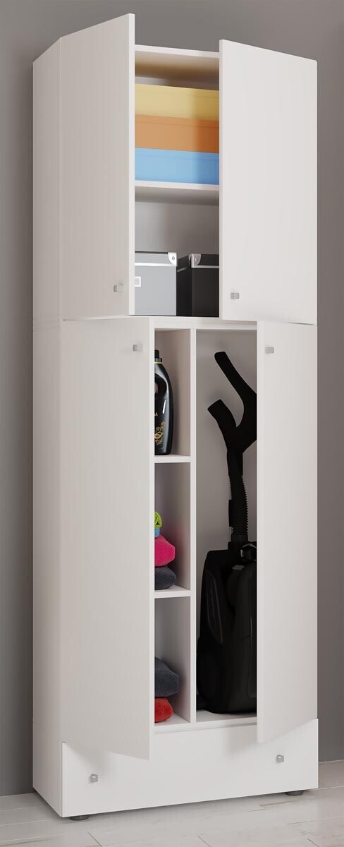 Úklidová skříňka Lona XXL s otočnými dveřmi se zásuvkou, bílá