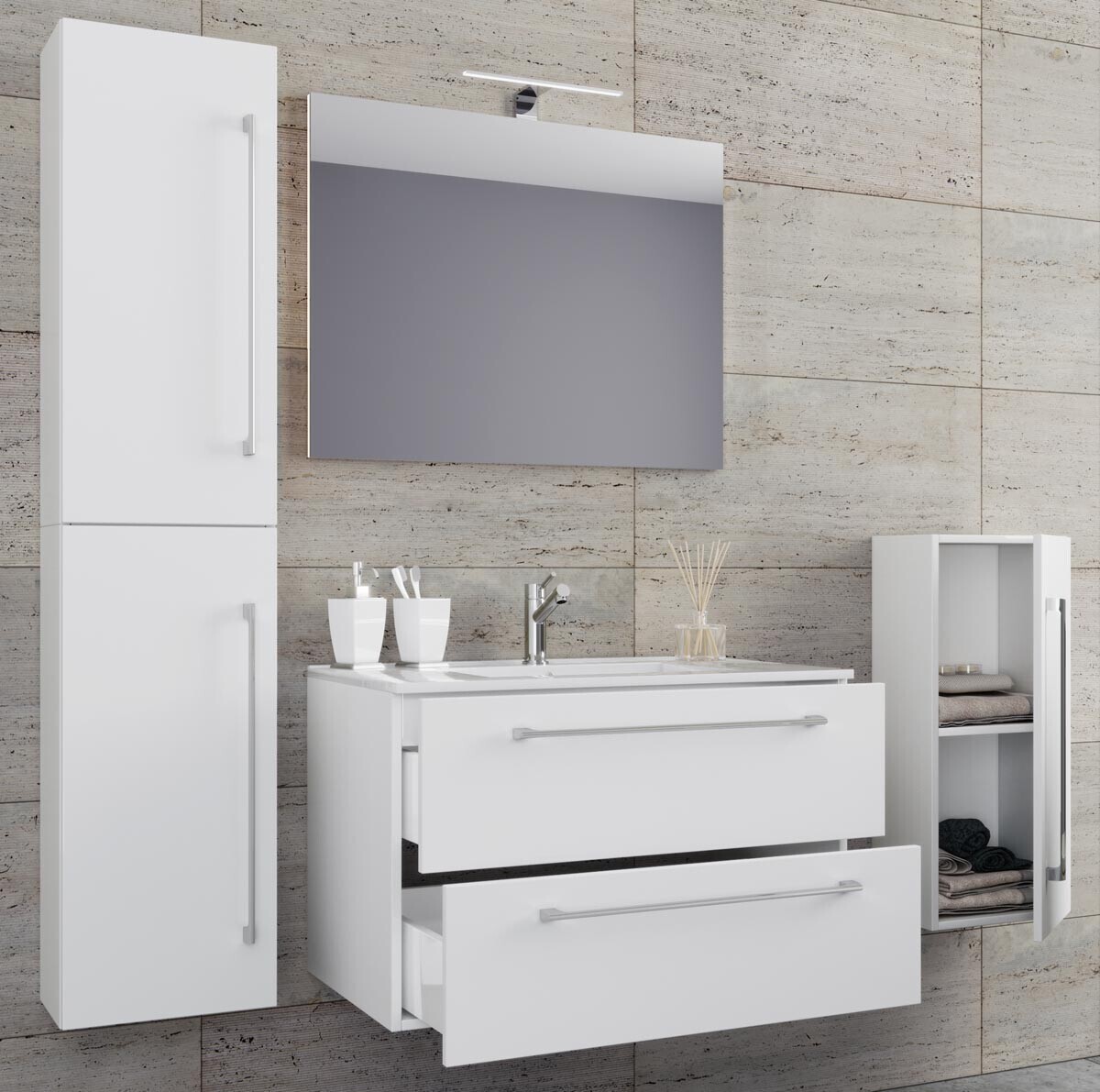 5dílná umyvadlová skříňka Badinos 2 zásuvky 80 cm se zrcadlem a střední/vysokou skříňkou, bílá