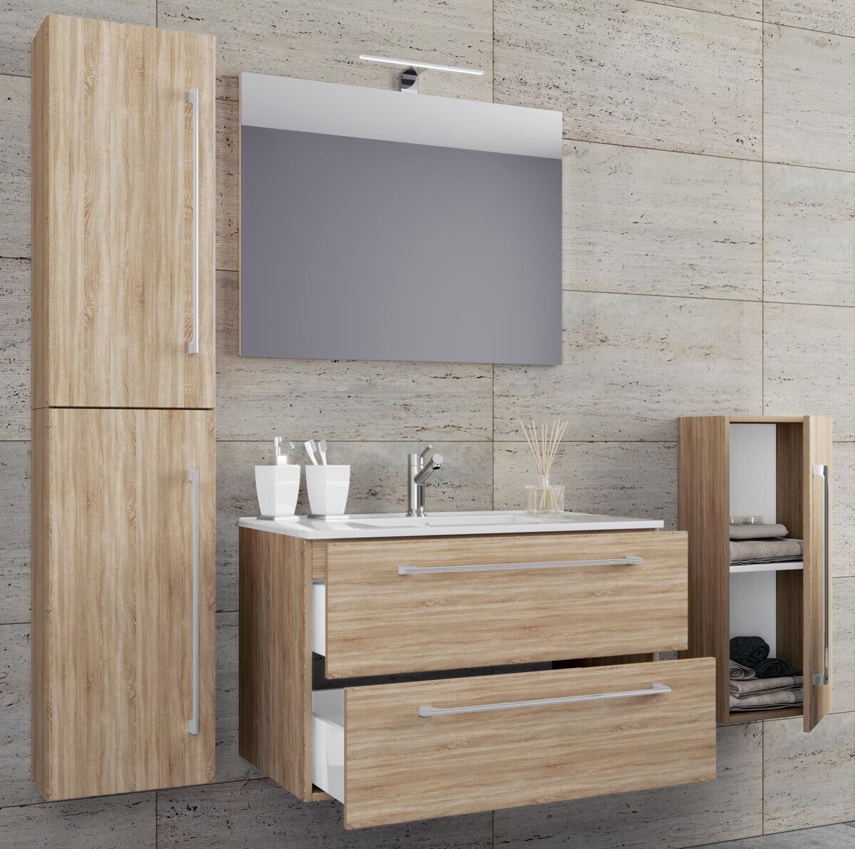 5dílná umyvadlová skříňka Badinos 2 zásuvky 80 cm se zrcadlem a střední/vysokou skříňkou, dub Sonoma