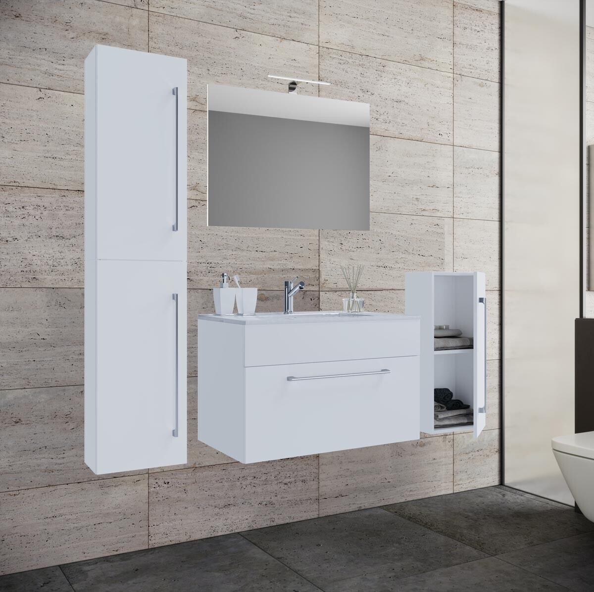 5dílná umyvadlová skříňka Badinos 1 zásuvka 80 cm se zrcadlem, střední a vysokou skříňkou, bílá