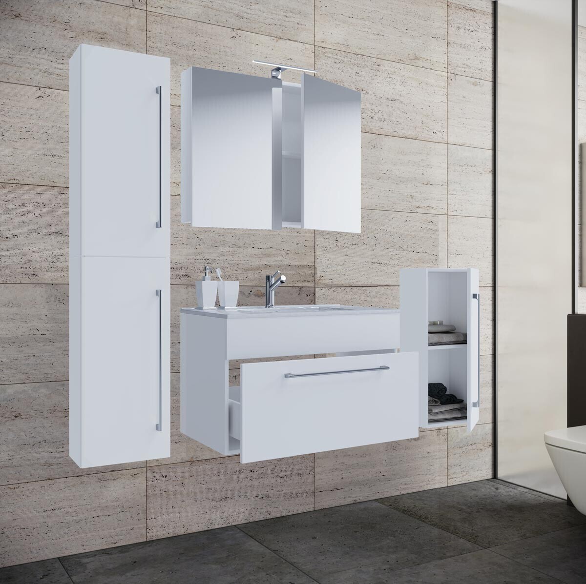 5dílná stojící umyvadlová skříňka Badinos 1 zásuvka 80 cm se zrcadlem, střední a vysokou skříňkou, bílá