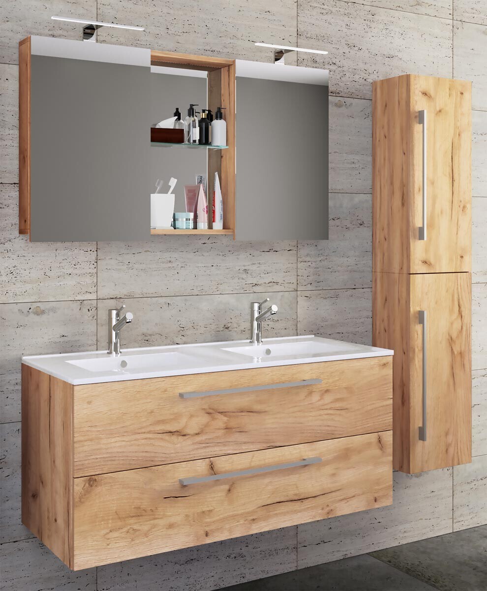 4dílná umyvadlová skříňka Budasi s vysokou skříňkou, dub medový