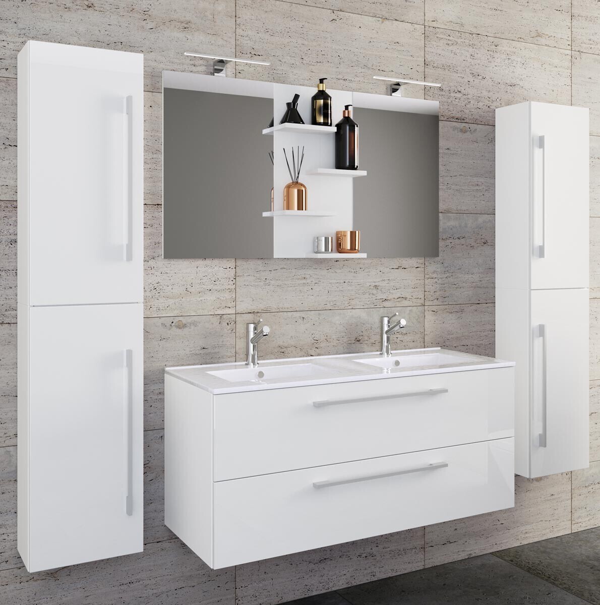 5dílná umyvadlová skříňka Budasi se 2 vysokými skříňkami, bílá