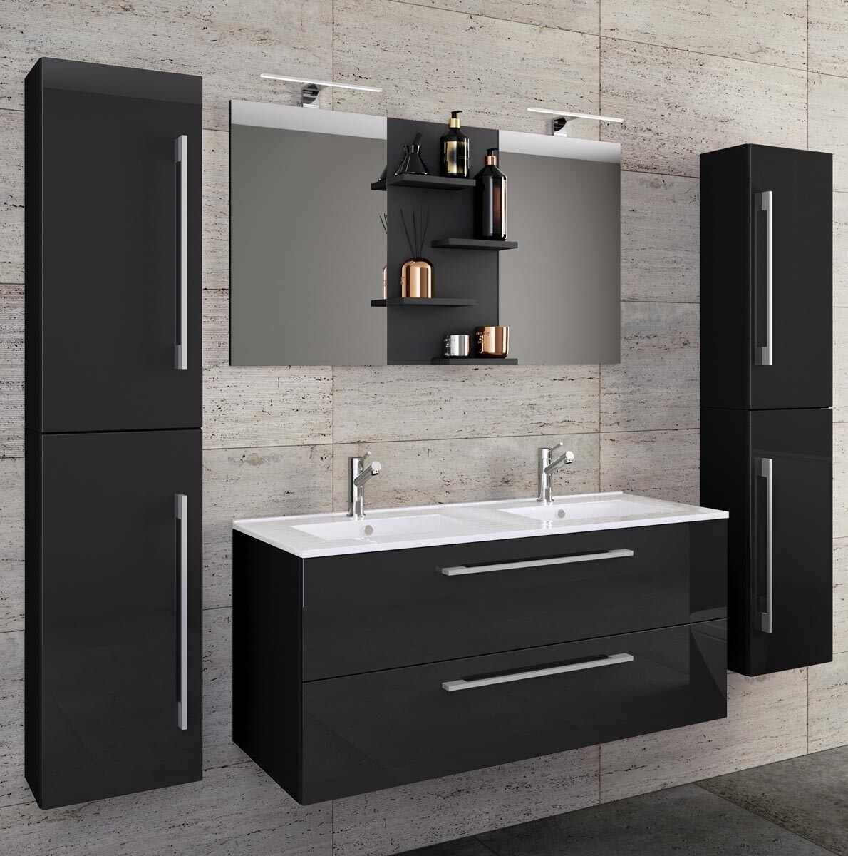 5dílná umyvadlová skříňka Budasi se 2 vysokými skříňkami, černá