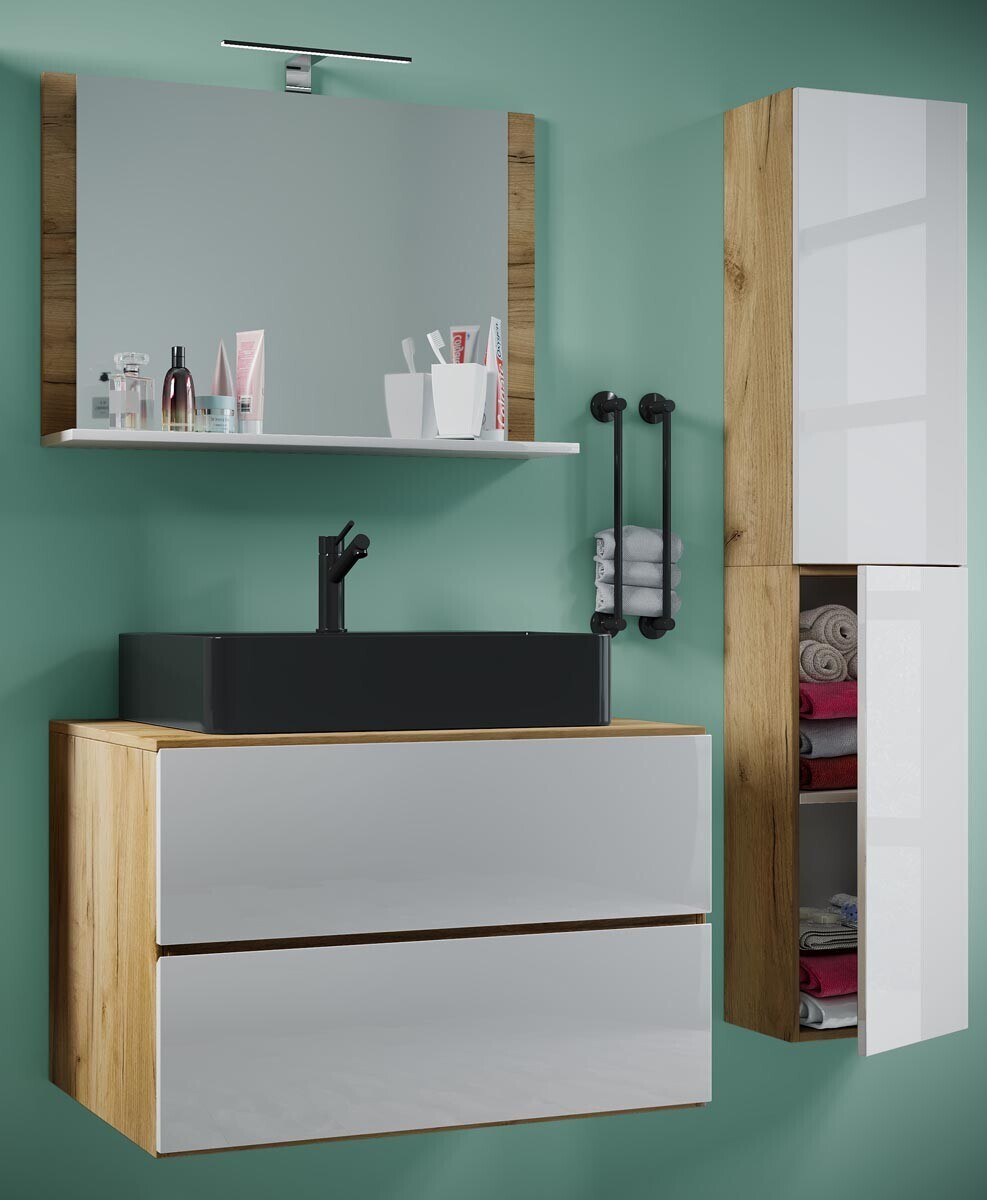 4dílná umyvadlová skříňka Lendas BL L se zrcadlem 80 cm + vysoká skříňka, dub medový