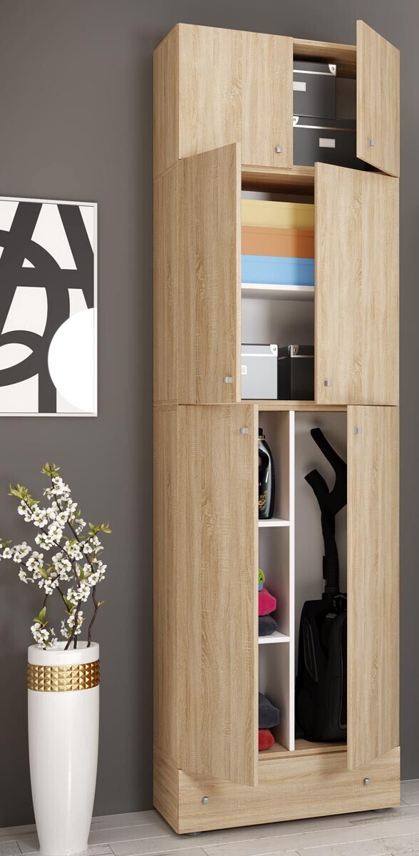 Úklidová skříňka Lona XXL s otočnými dveřmi s nástavcem a zásuvkou, dub sonoma