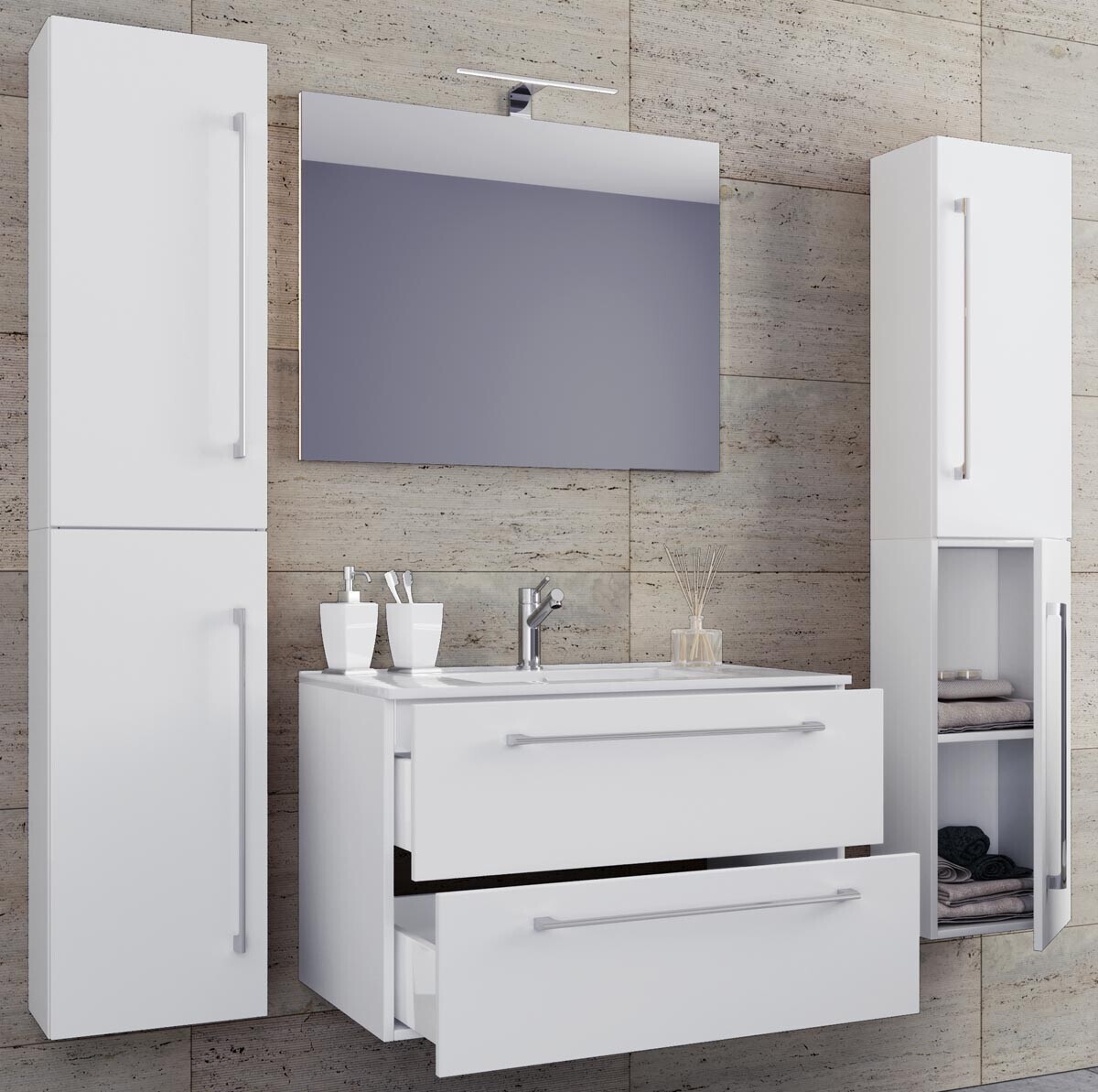 5dílná umyvadlová skříňka Badinos 2 zásuvky 60 cm se zrcadlem a 2 vysokými skříňkami, bílá