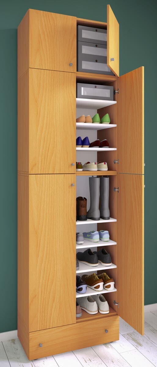 Botník Lona XXL s 9 přihrádkami, otočné dveře s nástavcem a zásuvkou, buk