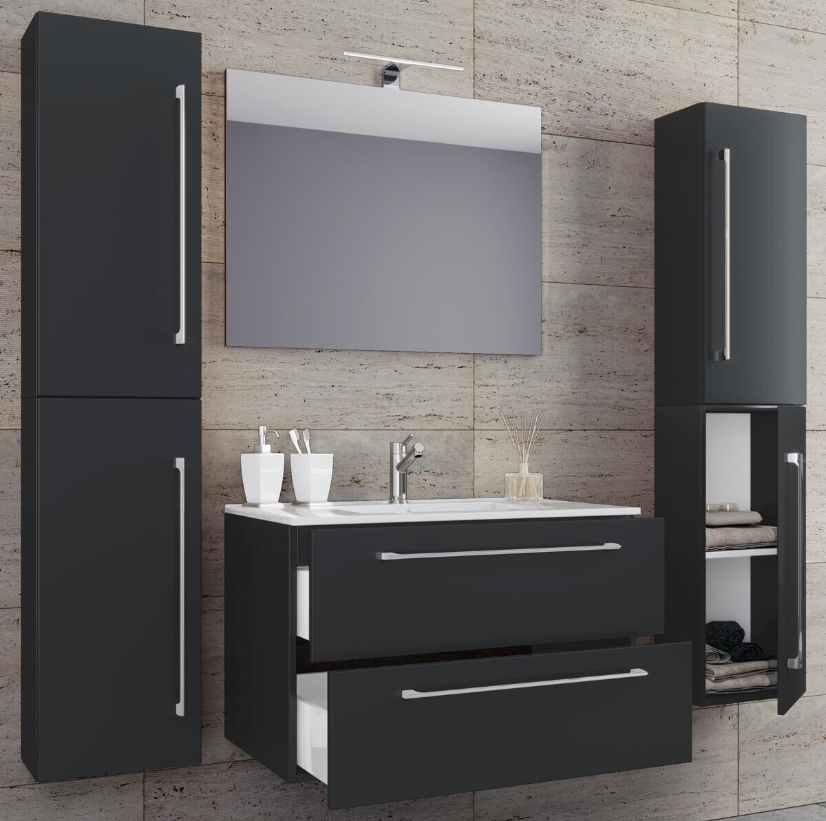 5dílná umyvadlová skříňka Badinos 2 zásuvky 80 cm se zrcadlem a 2 vysokými skříňkami, černá