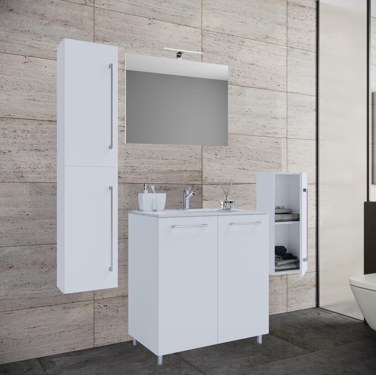 5dílná umyvadlová skříňka Badinos 2 dveře 60 cm se zrcadlem, střední a vysokou skříňkou, bílá