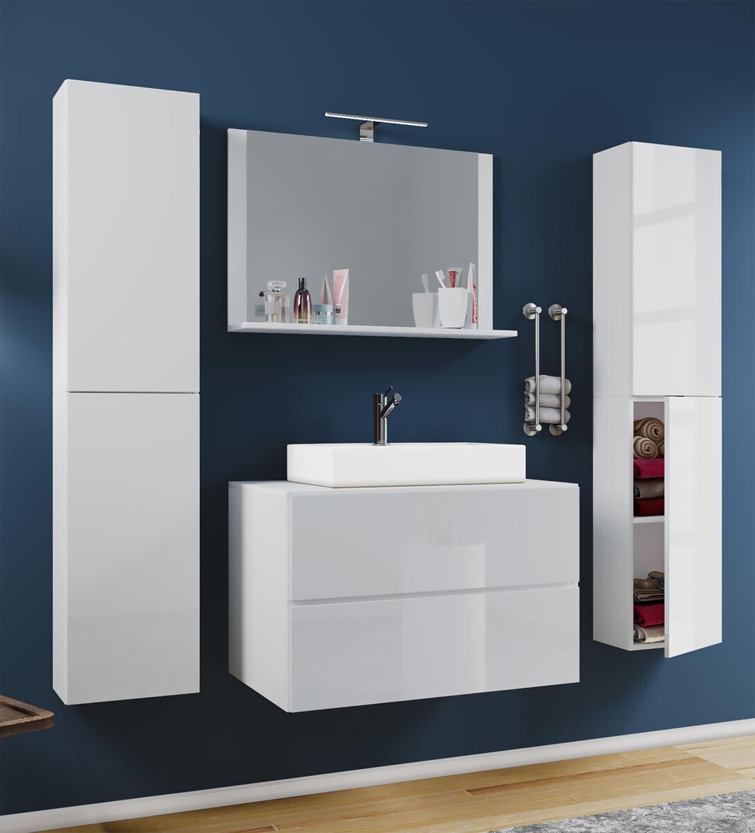 5dílná umyvadlová skříňka Lendas XL 80 cm se zrcadlem a 2 vysokými skříňkami, bílá