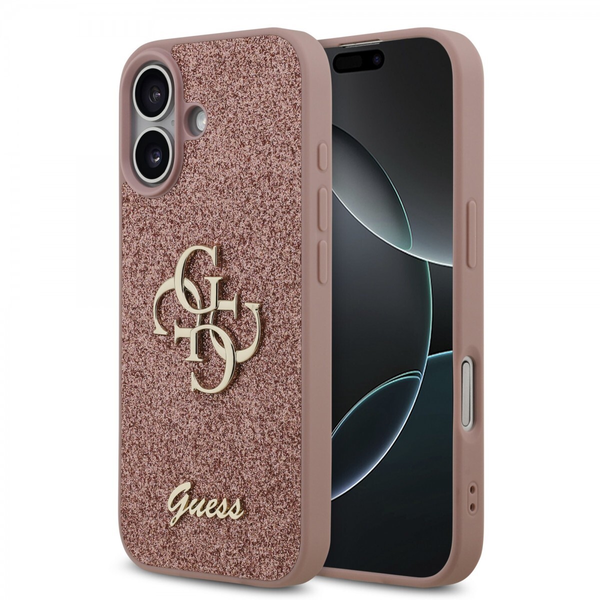 Zadní kryt Guess PU Fixed Glitter 4G Metal Logo pro iPhone 17 Pink