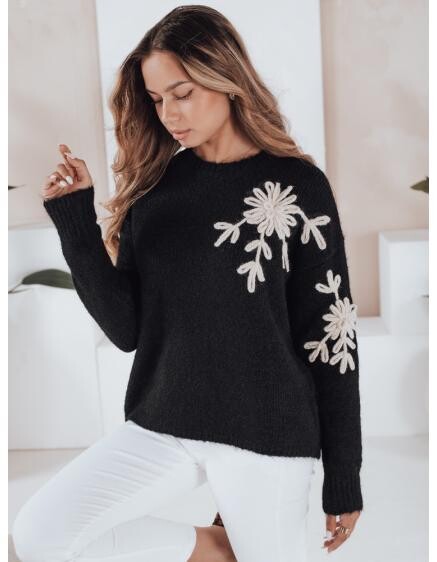 Dámský svetr s květinovou aplikací GIRLHERBAL černý