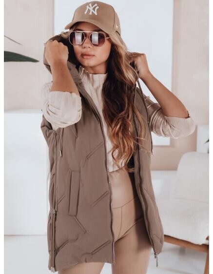 Dámská prošívaná vesta s kapucí tmavě béžová