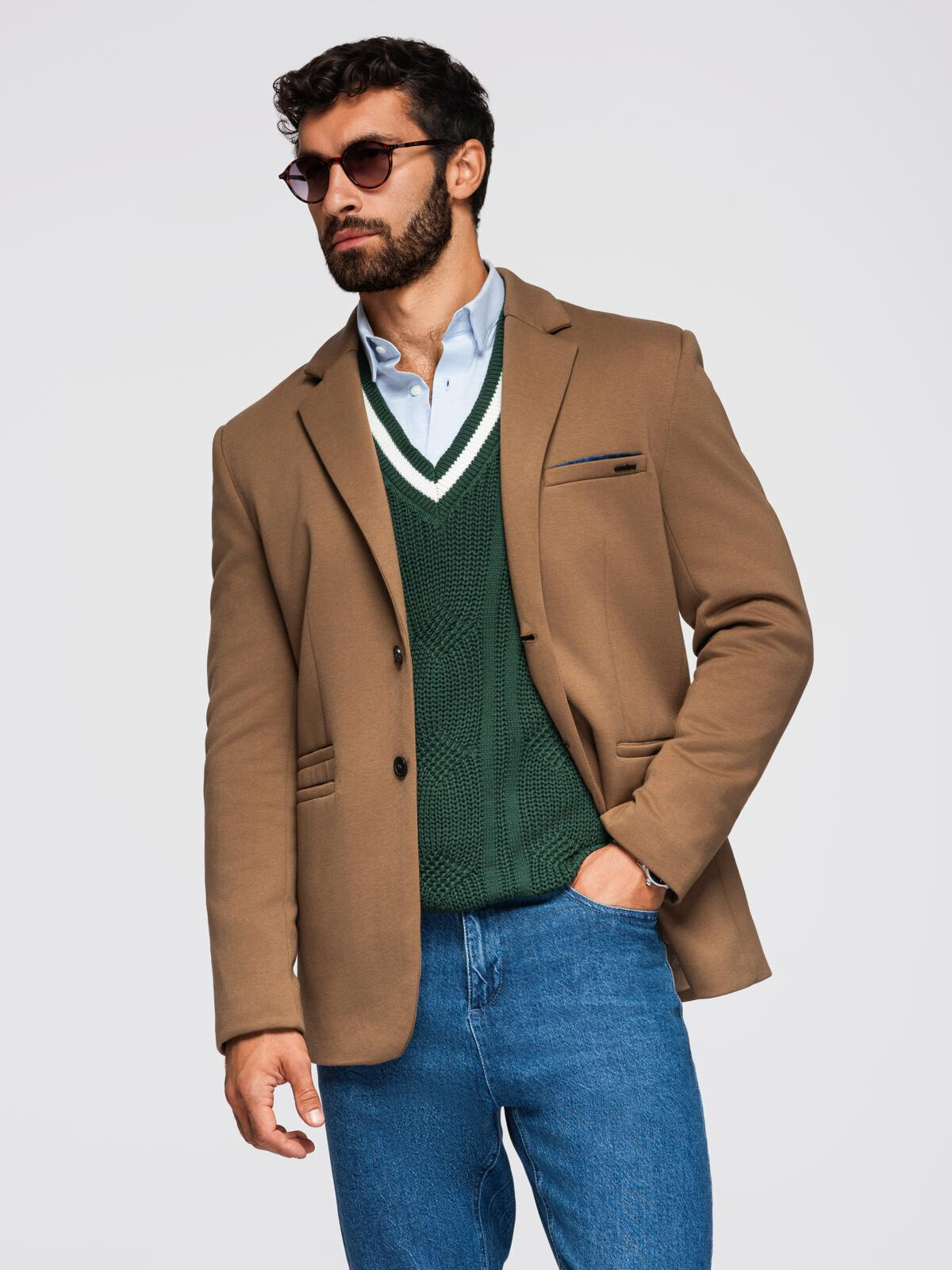 Ombre Men's knitted jacket with a fitted cut - light brown