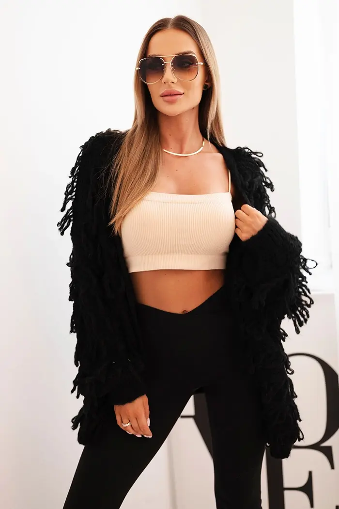 Kesi Włoski Dámský kardigan s třásněmi a volným střihem černý