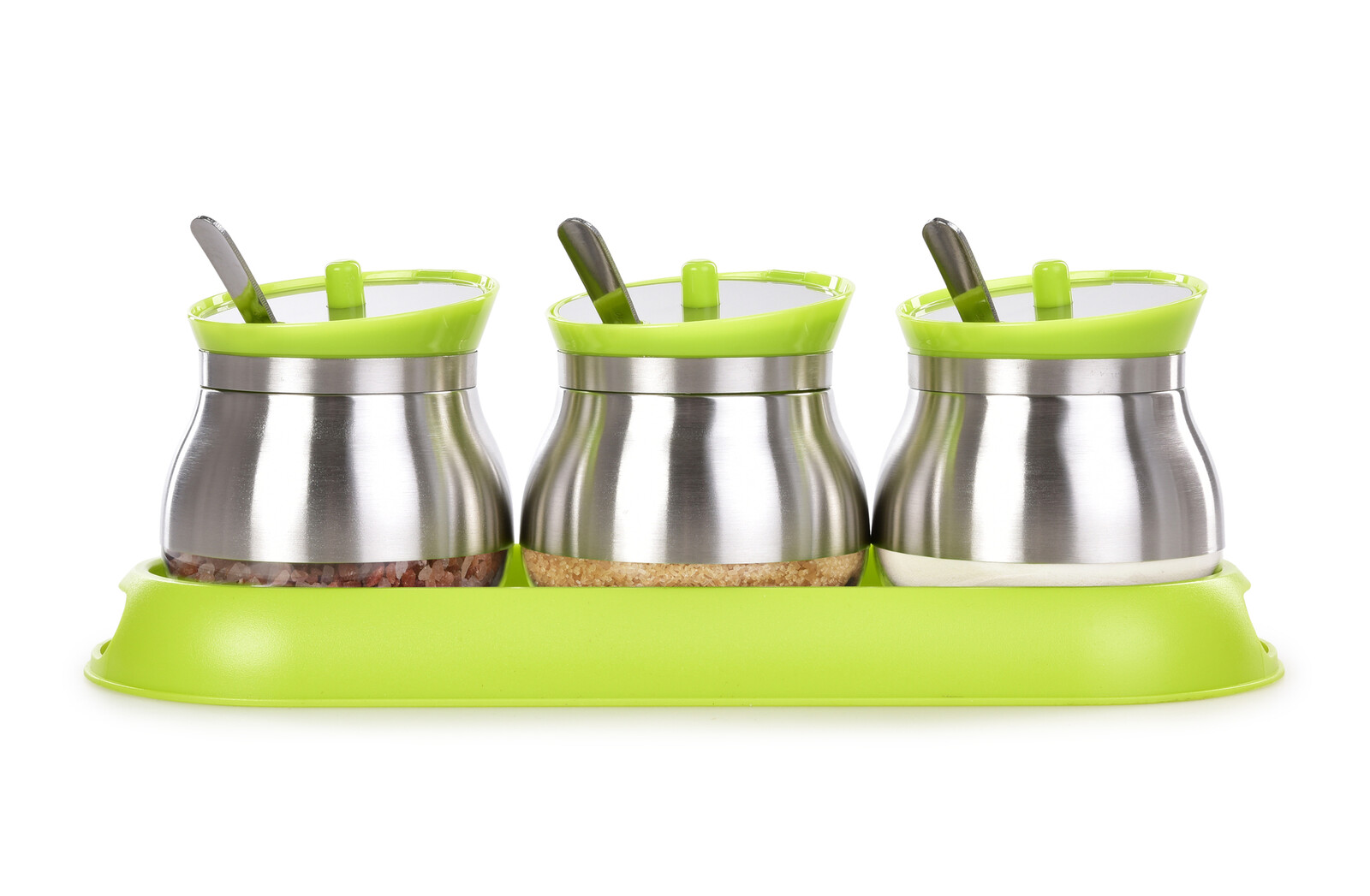 BOROSIL | Sada 3 ks 280 ml skleněných dóz na potraviny a koření s víčkem, nerez lžičkami a podstavcem