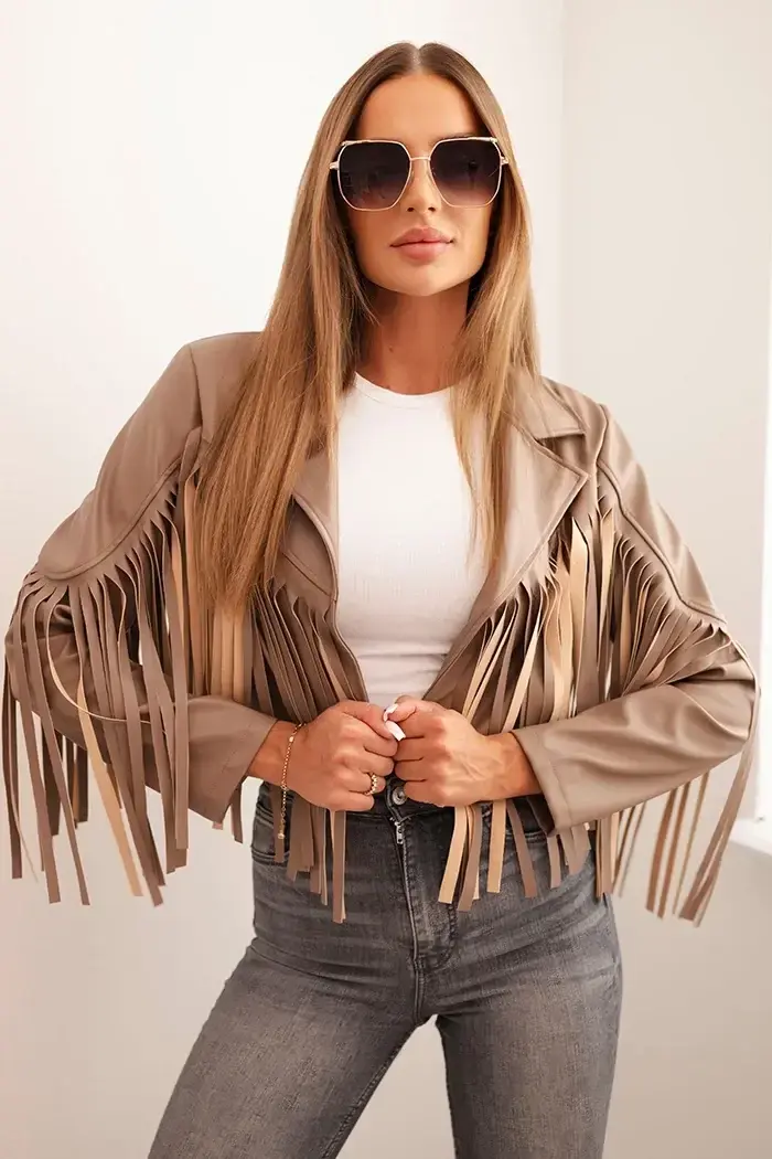 Kesi Włoski Dámská bunda z eko kůže s třásněmi ve stylu boho fango