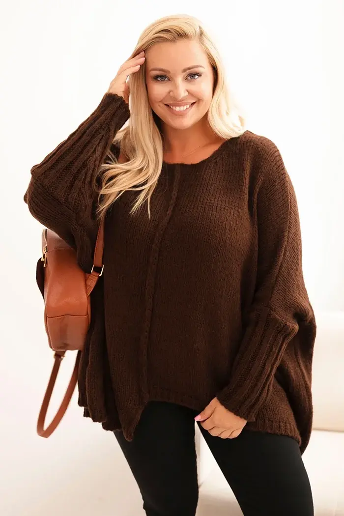 Kesi Włoski Dámský svetr Plus Size z akrylu s volným střihem a rukávem 3/4 hnědý