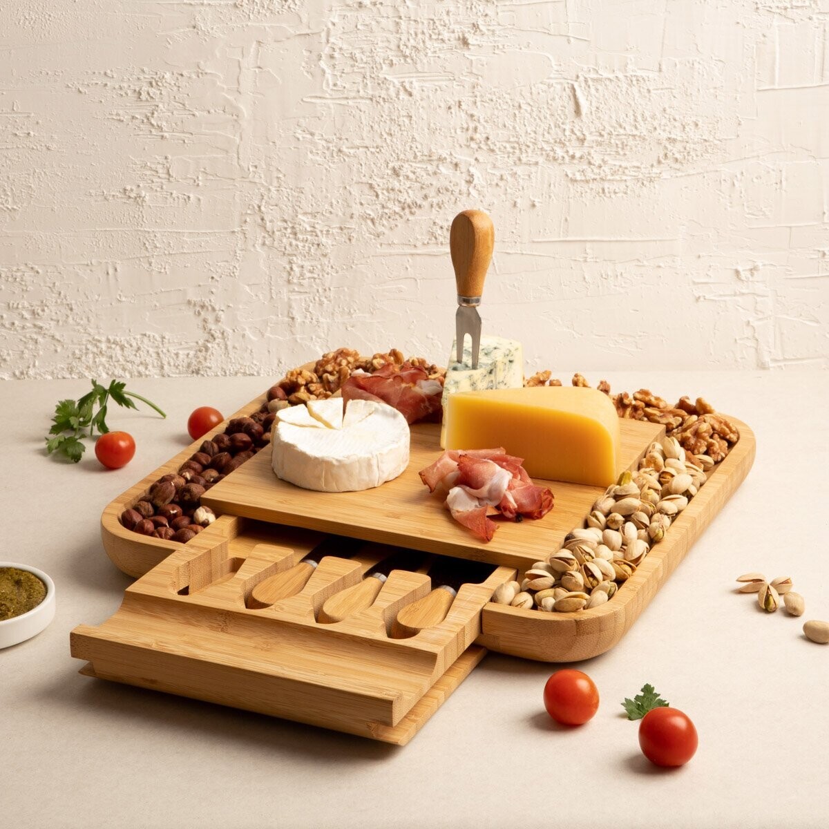 RUMI | servírovací prkénko se 4 noži | 32x32 cm | ALL 851587