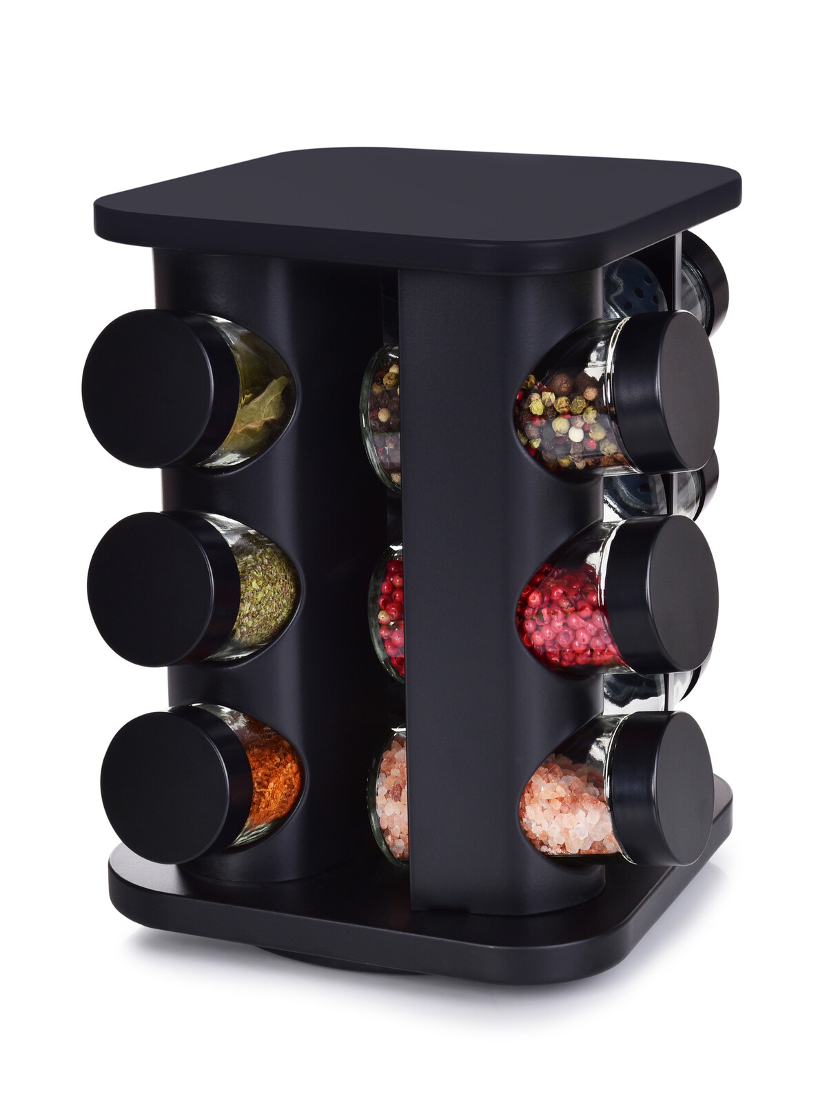 CAROUSEL | kořenkový kolotoč černý | 12 kořenek | 3patrový otočný stojan na koření 360°