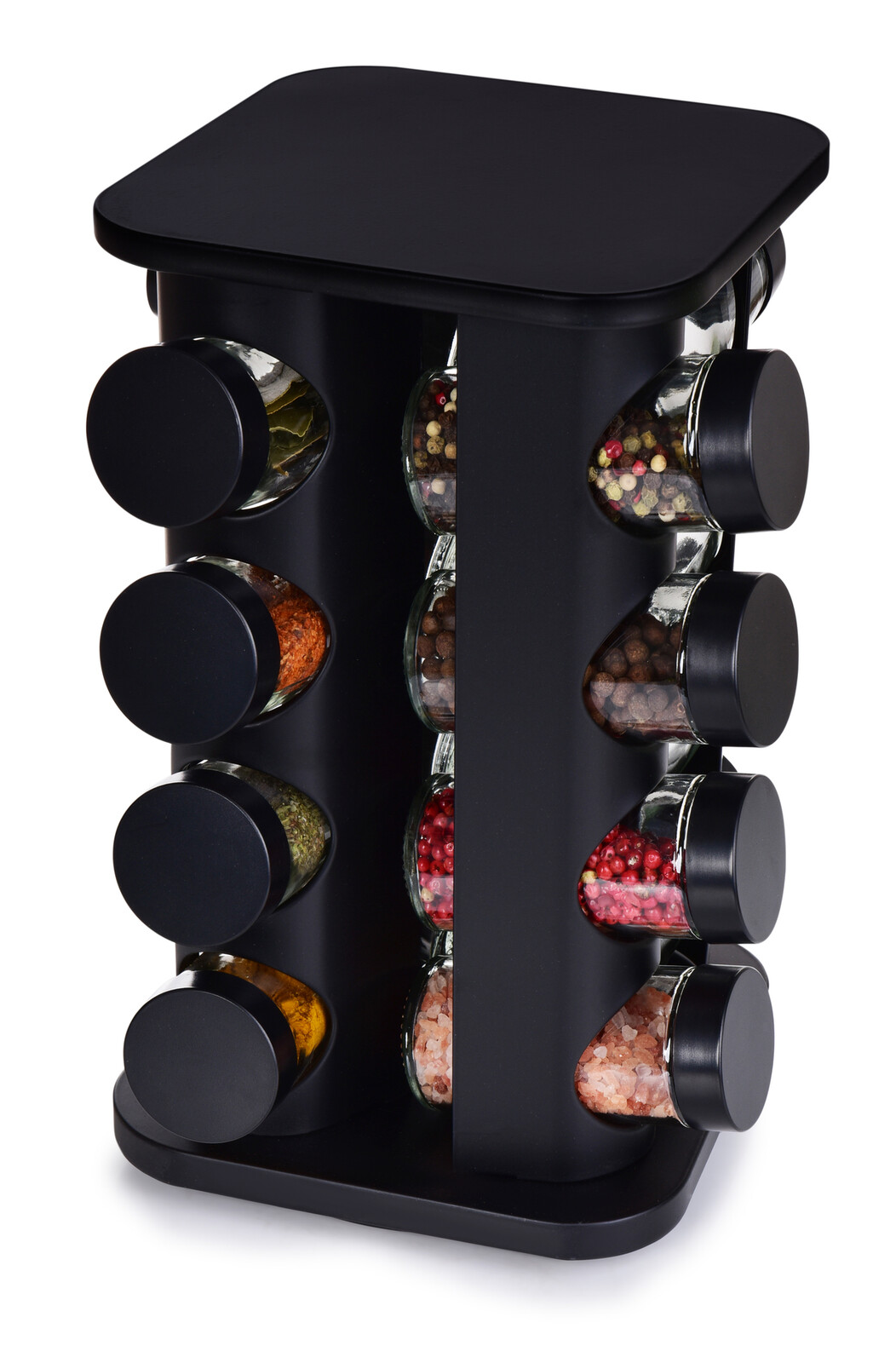 CAROUSEL | kořenkový kolotoč černý | 16 kořenek | 4patrový otočný stojan na koření 360°