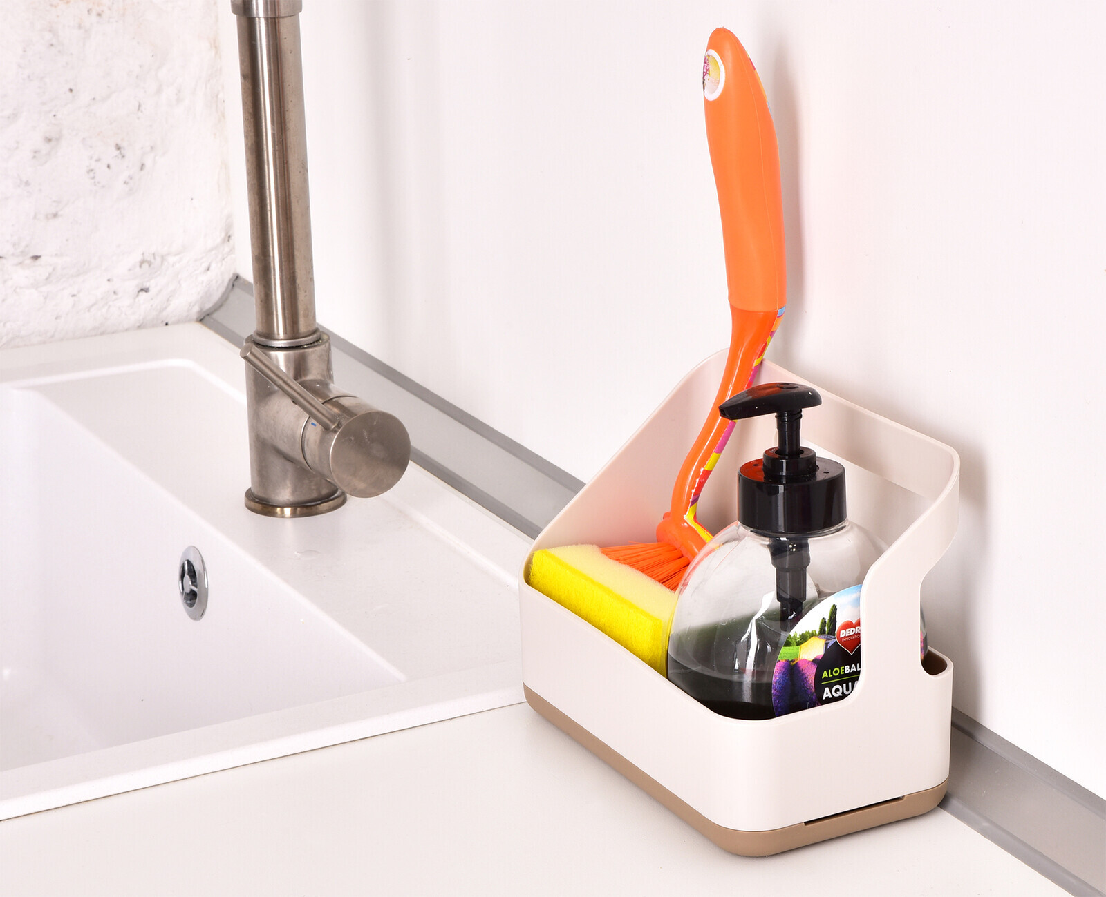 PRAKTIK | stojan na mycí prostředky a kuchyňské pomůcky béžový