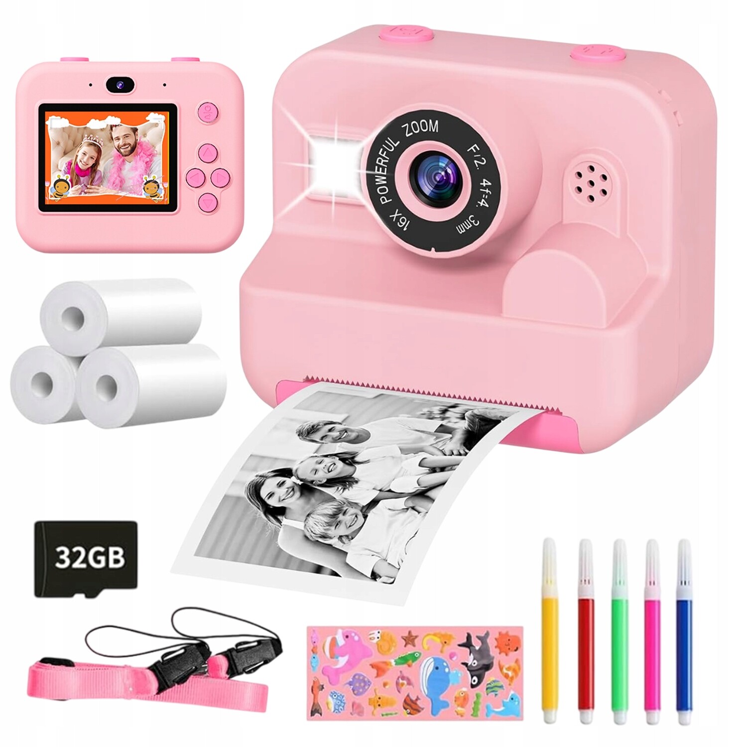 Fotoaparát pro děti s funkcí tisku 1080P LCD 2.4'' zoom 16x 32GB Sd karta