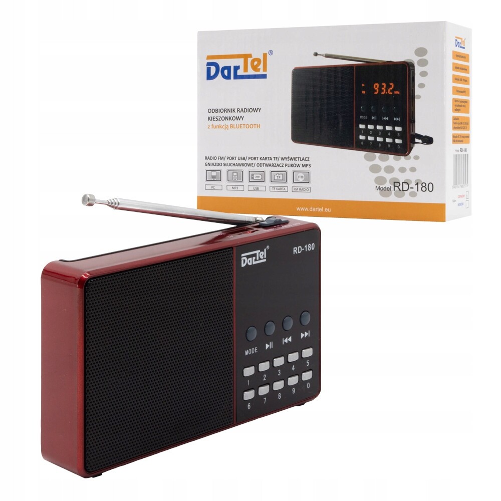 Dartel Přenosné Analogové Rádio S Funkcí Bluetooth RD-180, Červené