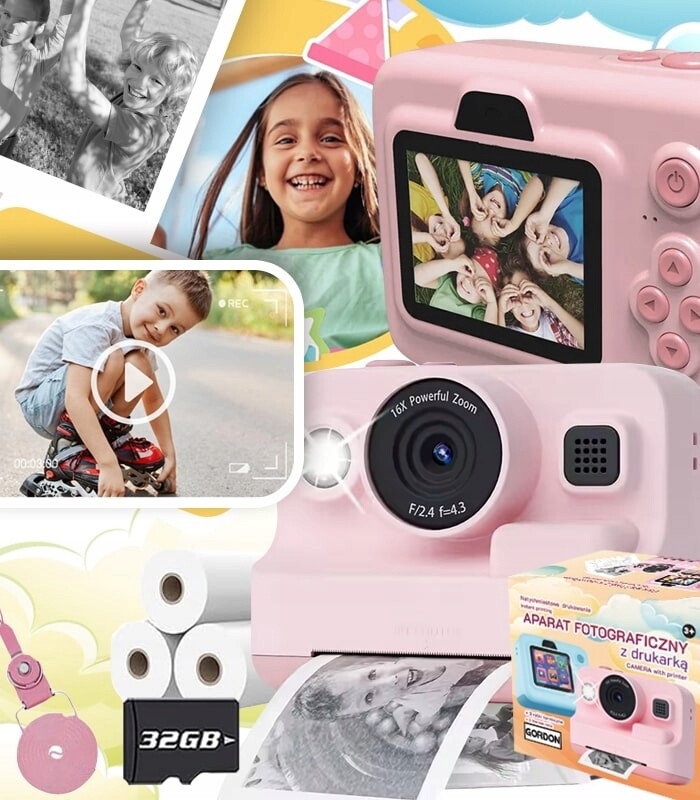 Fotoaparát S Tiskárnou Růžový Videohry Okamžitý Tisk 3 Rolí Usb